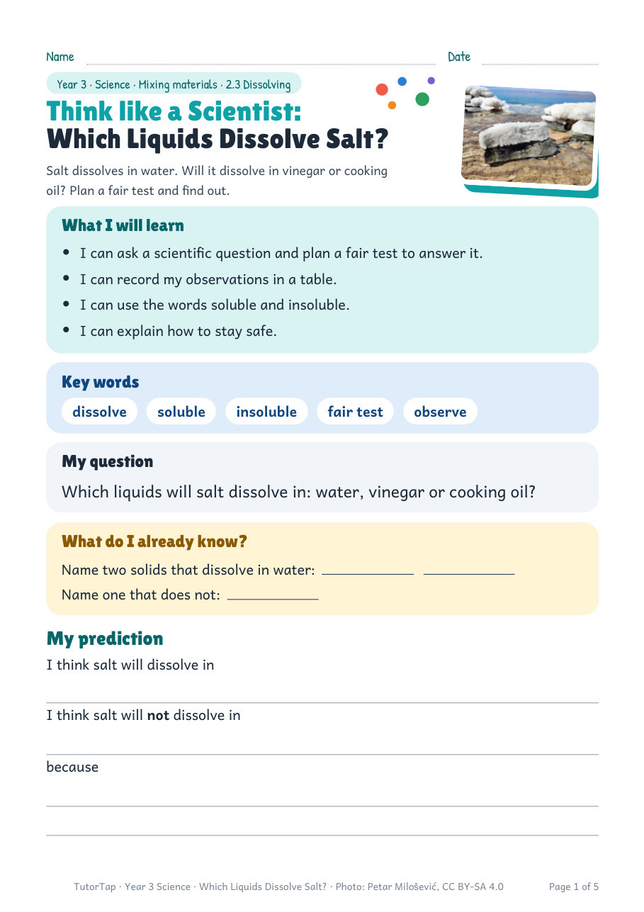 First page of Think like a Scientist: Which Liquids Dissolve Salt?