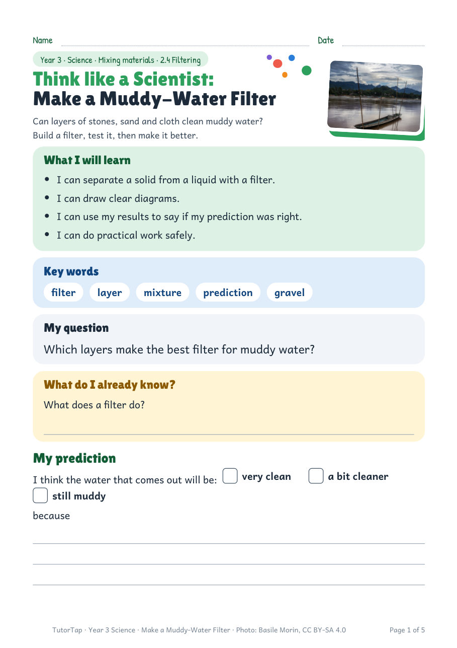 First page of Think like a Scientist: Make a Muddy-Water Filter