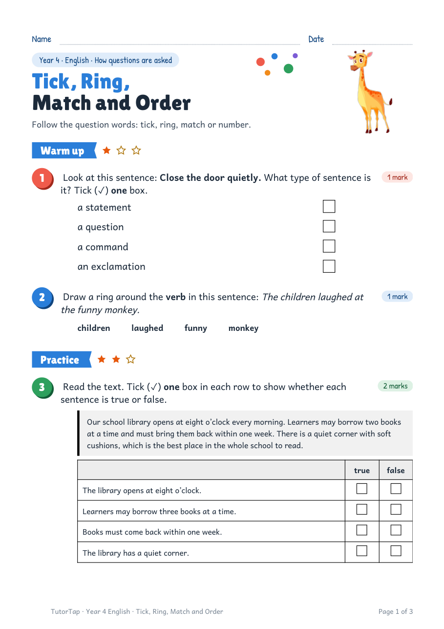 First page of Tick, Ring, Match and Order
