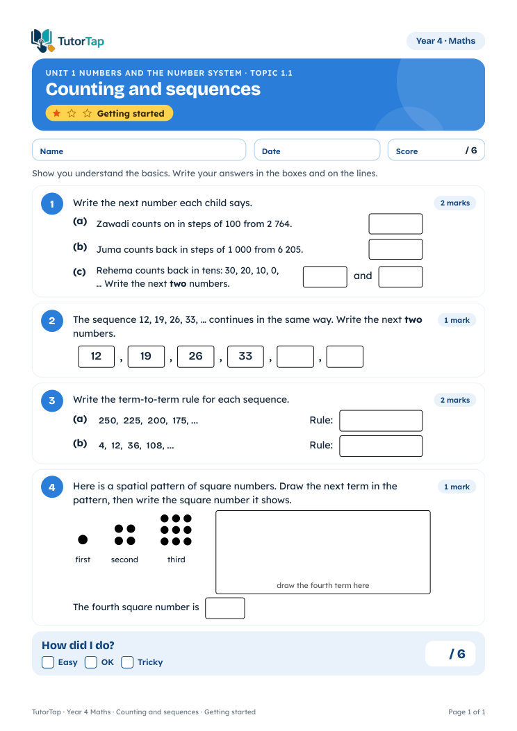 First page of the Counting and sequences worksheet