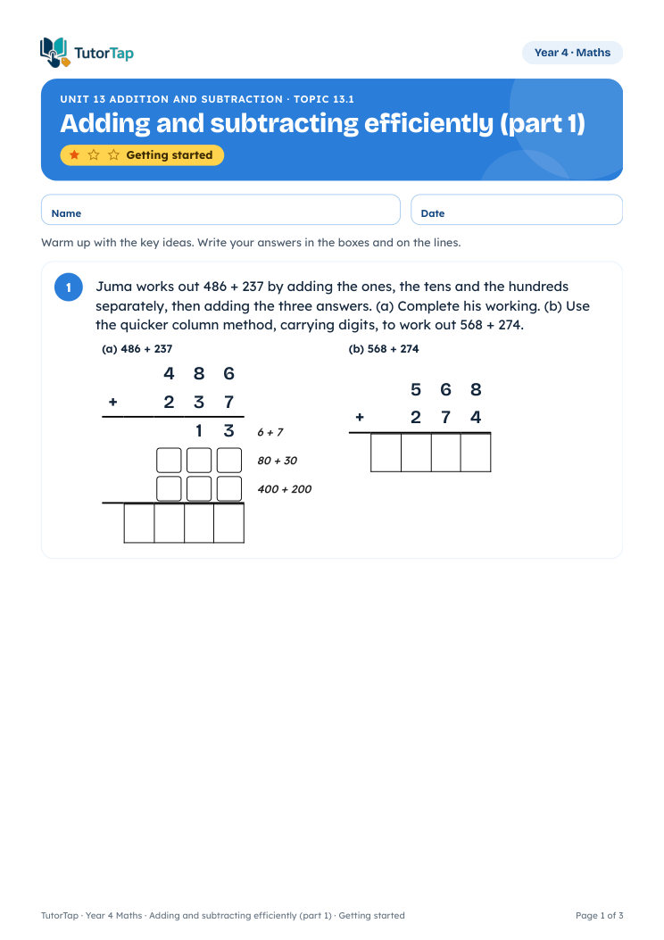 Page 1 of the Adding and subtracting efficiently worksheet, Getting started level