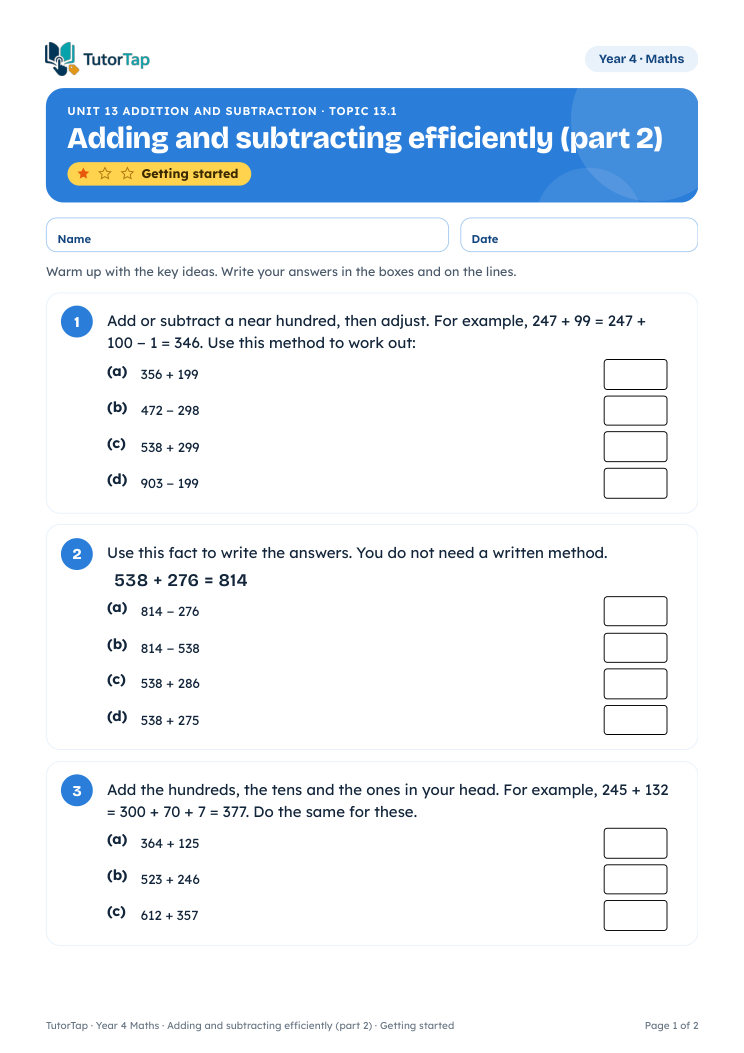Page 1 of the Adding and subtracting efficiently worksheet, Getting started level