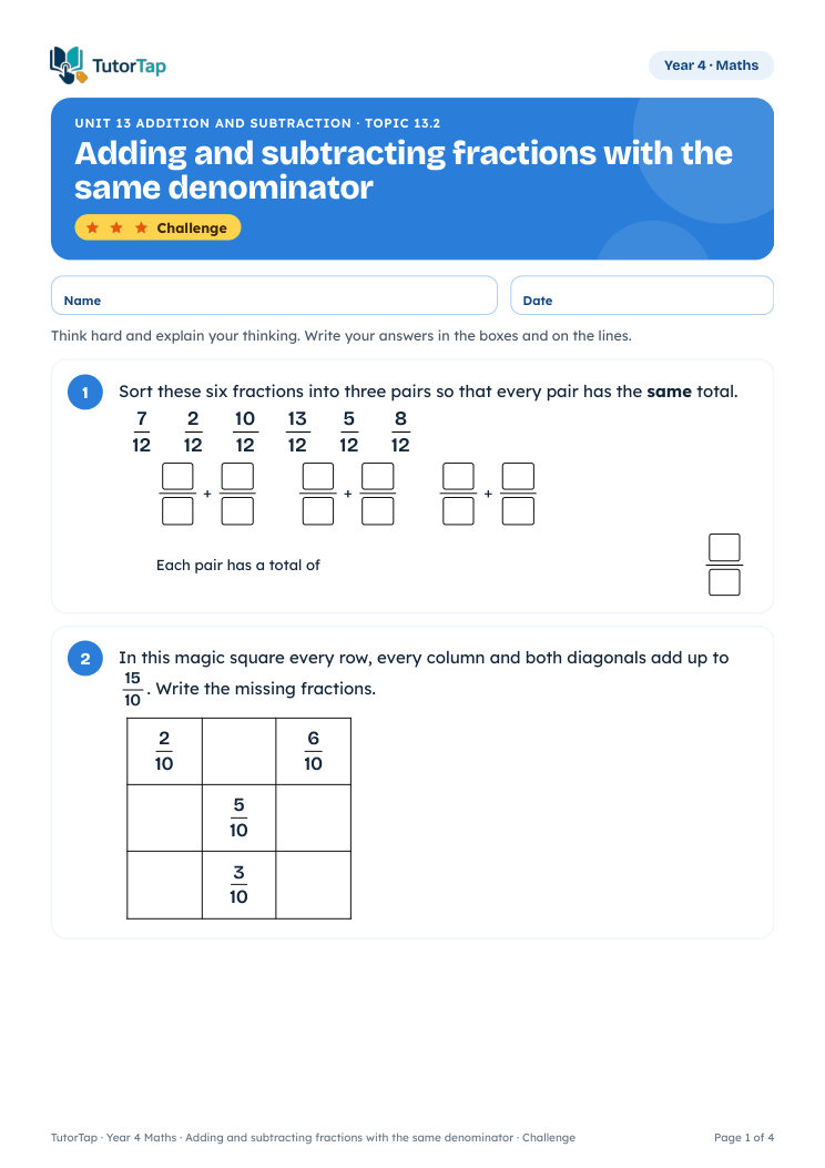 Page 1 of the Adding and subtracting fractions with the same denominator worksheet, Challenge level
