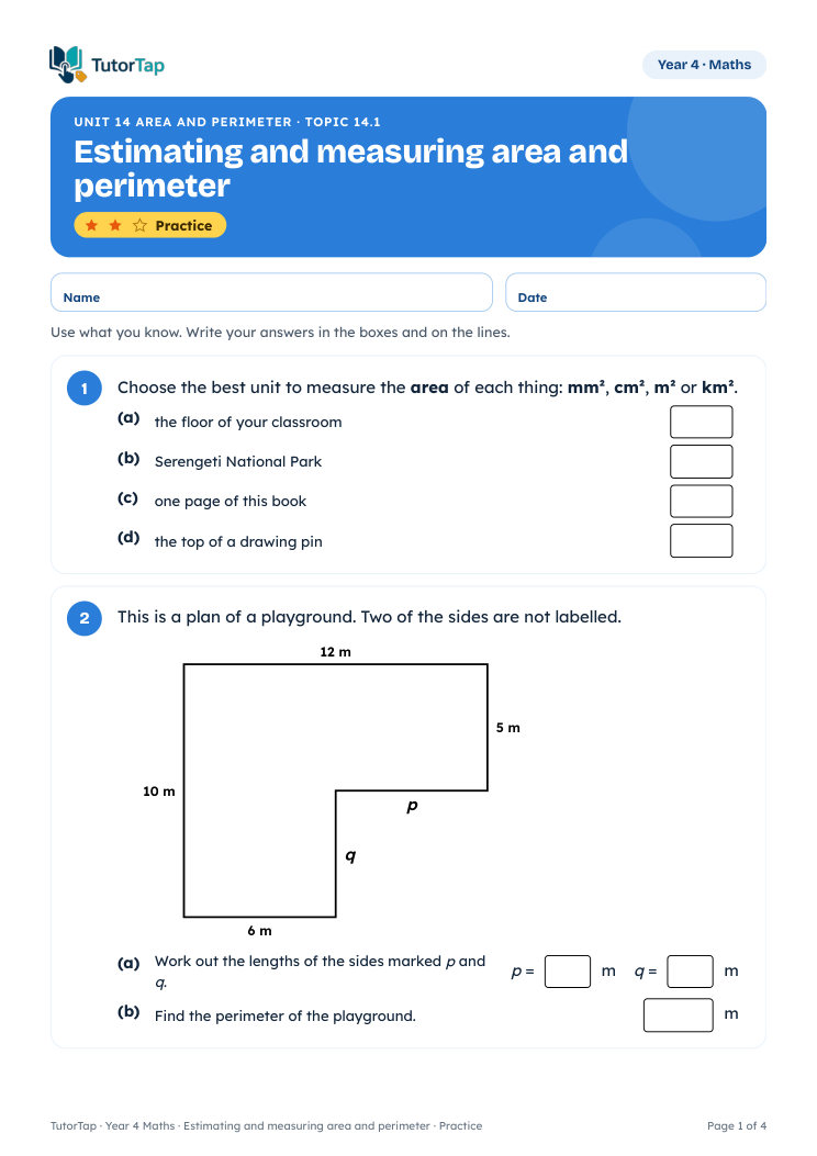 Page 1 of the Estimating and measuring area and perimeter worksheet, Practice level
