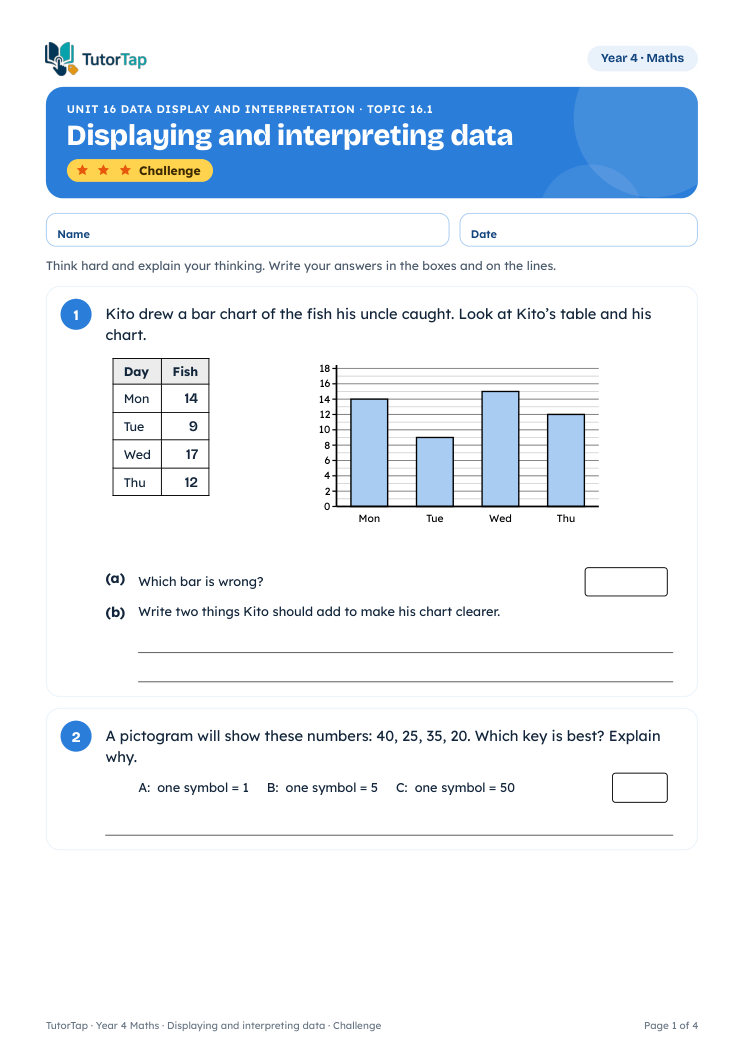 Page 1 of the Displaying and interpreting data worksheet, Challenge level