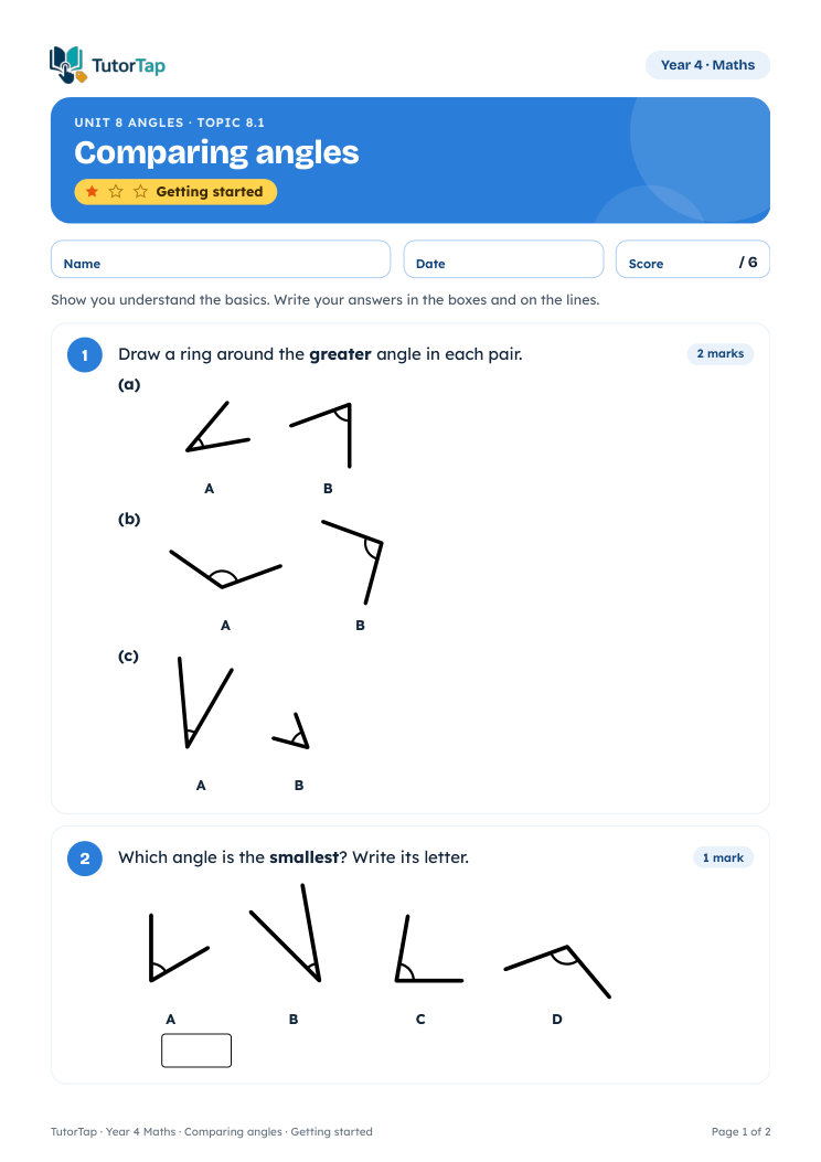 First page of the Comparing angles worksheet